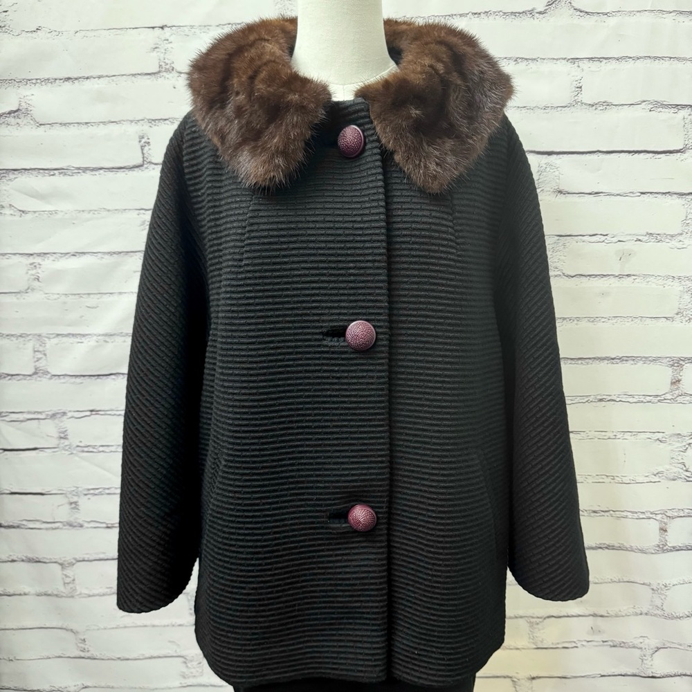 Vintage 1950s Wool Swing Coat Mink Fur Collar ILGWU‎ Union Made